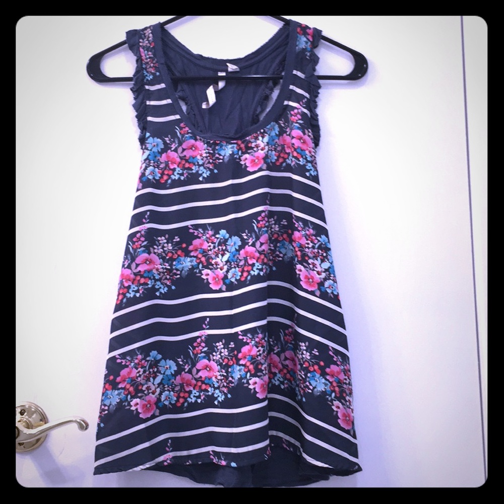 Flower, striped, tank top with shoulder ruffle